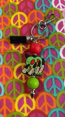 Green skull keychain with black Custom Handmade Bead Bar About 3" Long
